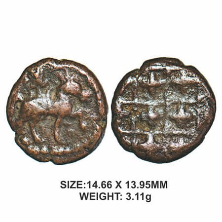 Nayakas of Senji, 17th century, Copper, 3.11g, Obv: Horse facing right with one of its leg