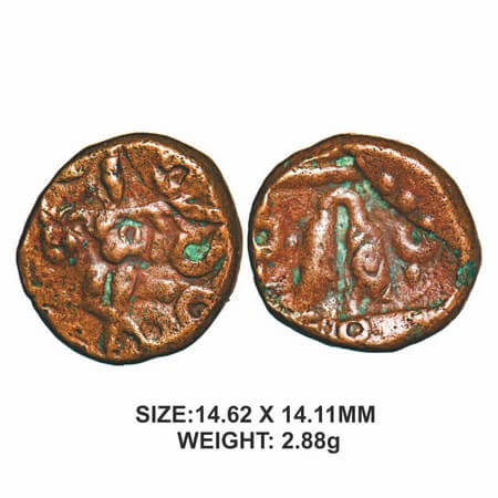 Nayaks of Senji, 17th century, Copper, 2.88g, Obv: Lord Krishna playing flute in hand, Rev