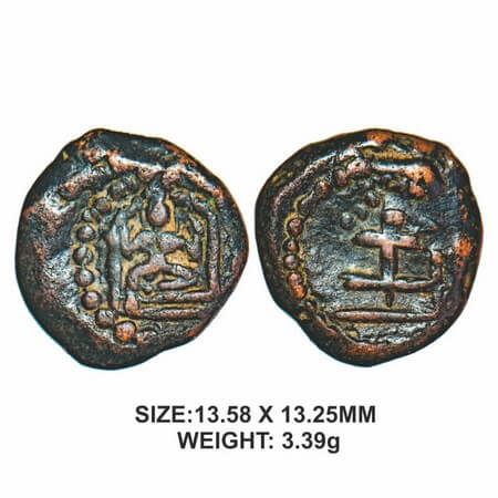 Sivaganga Nayakas,17th century, Copper, 3.39g, Obv: Seated deity in a cubicule and dotted 