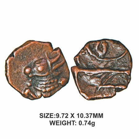 Nawabs of Arkat, Probably Polygors issue, Copper, 0.74g, Obv: seated decorated bull facing