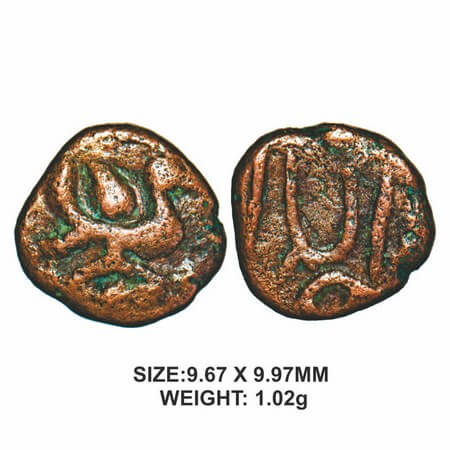 Nawabs of Arkat, Polygors issues, Copper, 1.02g, Obv: Peacock facing right, Rev: ‘Wala’ in