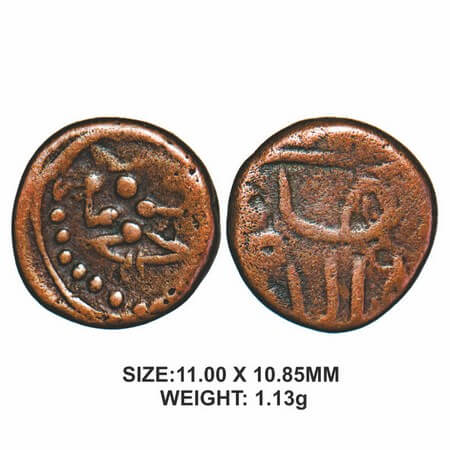 Nawabs of Arkat, Polygors Issue, 17th century, Copper, 1.13g, Obv: Deity in Dancing positi