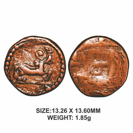 Nawabs of Arkat, 17th century, Copper, 1.85g, Obv: Seated bull facing right, Rev: ‘Asu nab