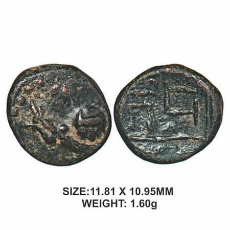 Nawabs of Arkat, 18thcentury, Copper, 1.60g, Obv : Sword and round like Ball, Rev: 'Na ba 