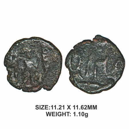 Polygors Issue (Arkat), 18th century, Copper, 1.10g, Obv: Standing Diety, Rev: 'Wa la Ja' 