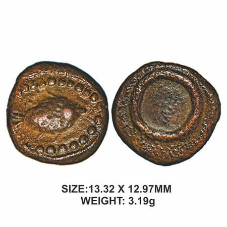 Nawabs of Arkat, 18thcentury, Copper, 3.19g, Obv: Fish facing right with in dotted circle,