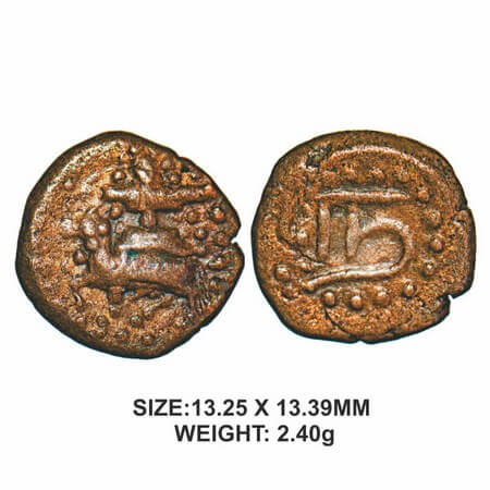 Nawabs of Arkat, 18th century, Copper, 2.40g, Obv: Bull facing left with shivlingam above,
