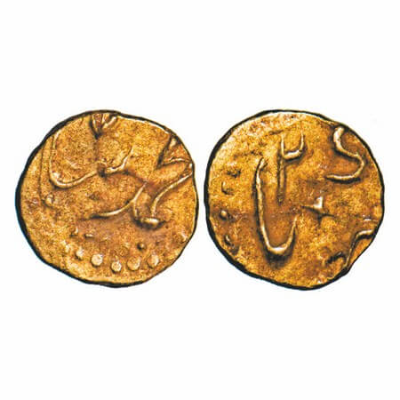 Muhamad Shah, Gold Fanam, 0.20g, Kharpa Mint. 2 RY. KM unlisted type. Very Fine+, Rare.