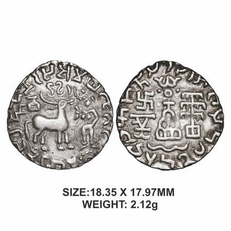 Kunindas, Amoghabhuti (c. 200 BC), Silver Drachma, 2.12g, Goddess standing on wheel Type, 