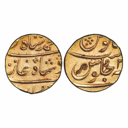 Muhammad Shah, Gold Mohur, 10.92g, probably (Surat) Mint, Alif symbol as a mint mark on Re