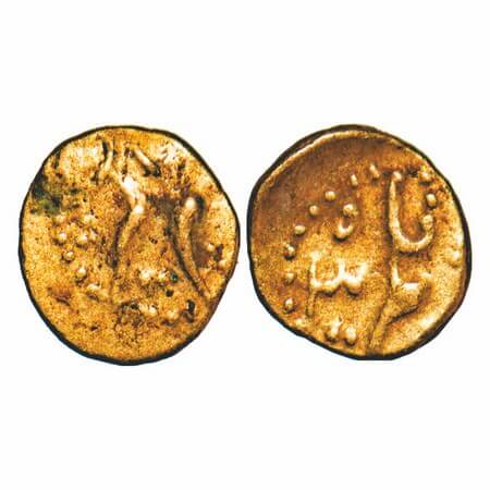 Alamgir II, Gold Fanam, 0.17g, unseen mint, 3 RY, Obv: Alamgir, Rev: Falam and RY date. KM