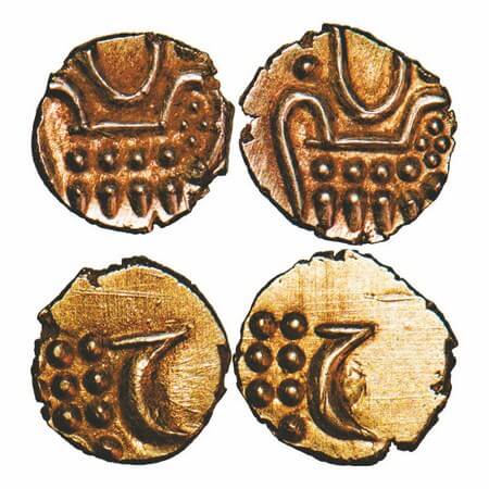 Mysore, Gold Fanam (2 Coins), 0.38 & 1.40g, Haider Ali (Calicut Fanam), Obv: Calicut type,