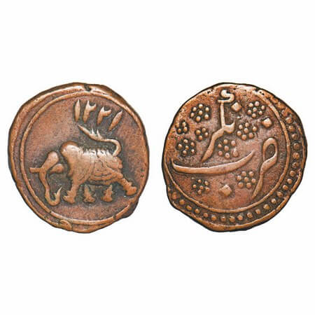 Mysore, Tipu Sultan, Copper Paisa, 11.30g, Nagar Mint, AH 1221 retro. Date on elephant tow