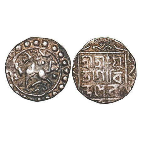 Tripura, Silver 1/4 Tanka, 2.66g, Govinda Manikya (1660-1661 AD), SE. 1582, Obv: Lion left