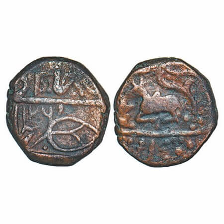 Indore, Copper ½ Anna, 16.42g, British Protectorate Issue, INO Shah Alam II, AH 1261, leaf