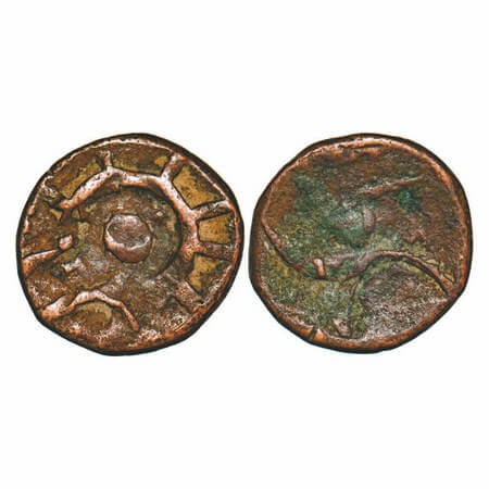Jhabua, Copper Paisa, 7.44g, Flower on obverse, & double struck sword on reverse. KM 24 ty