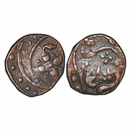 Jhabua, Copper Paisa, 8.16g, Flower on obverse, dotted floral designs on reverse. KM Unlis