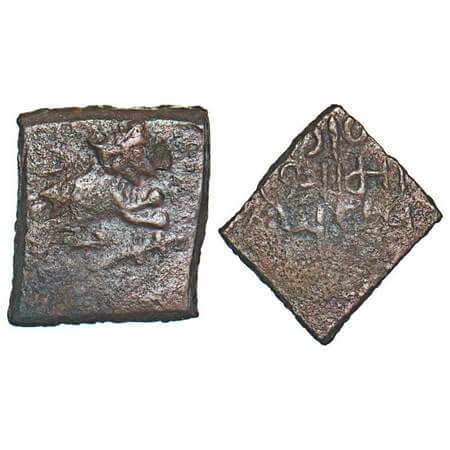 Lunawada, Copper Paisa, 7.24g, Wakhat Singhji, 1942 VS, Lion to right symbols type, KM 10.