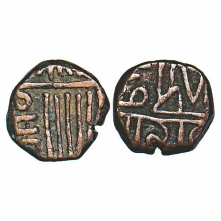 Porbandar, Copper Trambiyo, 1.97g, INO Muzaffar Shah, Sri Rana in nagari below. KM Y31. Ve