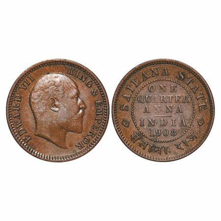Sailana, Copper ¼ Anna, 4.69g, Jaswant Singh (1890-1919 AD), 1908 AD, bust of Edward VII o