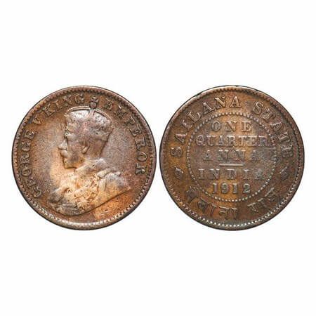 Sailana, Copper ¼ Anna, 4.65g, Jaswant Singh (1890-1919 AD), 1912 AD, bust of George V on 