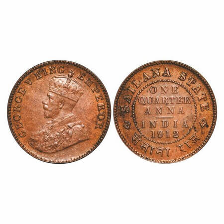 Sailana, Copper ¼ Anna, 4.69g, Jaswant Singh (1890-1919 AD), 1912 AD, bust of George V on 