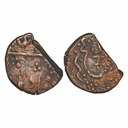 Sunth, Copper Paisa, 7.99g, Sword to left with shield on obverse, persian letters on rever