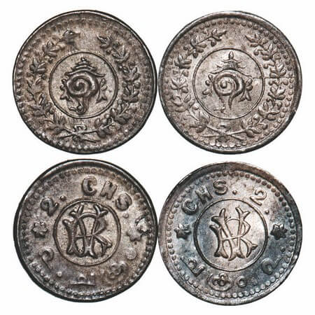 Travancore, Silver 2 Chuckram (2 Coins), 0.77 & 0.80g, Rama Varma VI (ME 1062-1101/ 1885-1