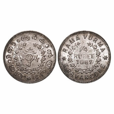 Travancore, Silver, ¼ Rupee, 2.68g, Rama Varma VI (ME 1062-1101 / 1885-1924 AD), ME 1087. 