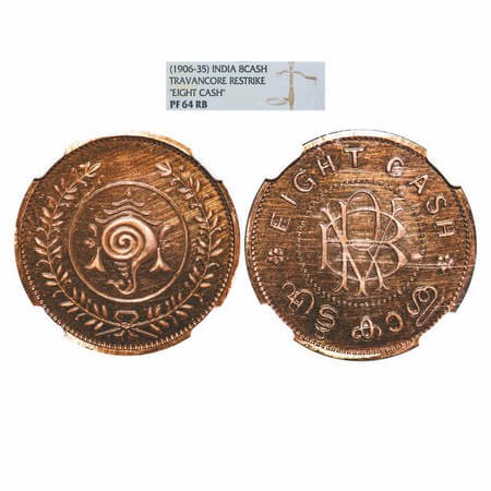 Travancore, Copper 8 Cash Proof Coin (1938-1949 AD), Bala Rama Varma II (ME 1101-1126, 192