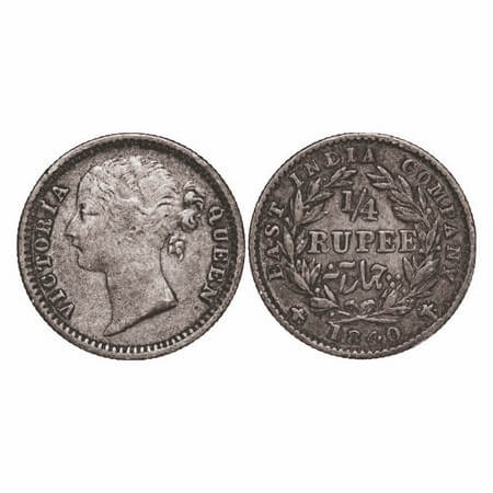 Victoria Queen, Silver, 1/4 Rupee, 1840, DL, Madras Mint, W.W. B raised, Wreath with 10 Be