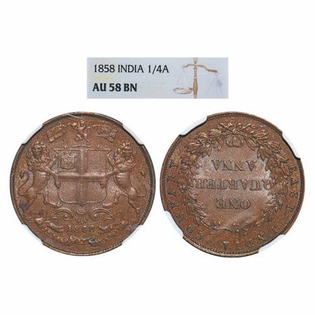 Victoria Queen, Copper, Quarter Anna, 1858. R. Heaton & Sons, Birmingham Mint, Wreath top 