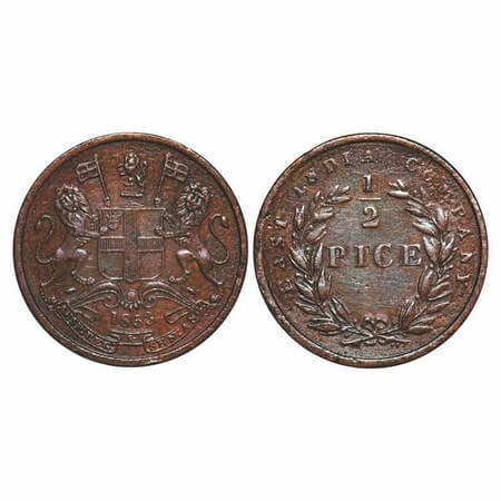 Victoria Queen, Copper, 1/2 Pice, 1853, Calcutta Mint, B/I, Elongated beads above year num