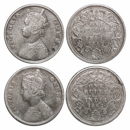 Victoria Queen, Silver, Rupee, (2 coins), 1862, Calcutta Mint, 1) B/III, Embroidery in hig