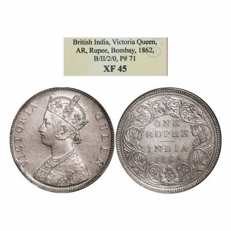 Victoria Queen, Silver, Rupee, 1862, Bombay Mint, B/II/2/0. GK 287. NGS Slabbed XF 45. Sca