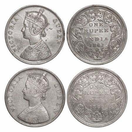 Victoria Queen, Silver, Rupee, (2 coins), 1862, Bombay Mint, 1) B/II/0/3, 2) A/II/0/4, w/o