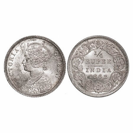 Victoria Queen, Silver, 1/4 Rupee, 1862, Calcutta Mint, A/I. GK 375. Uncirculated with ori