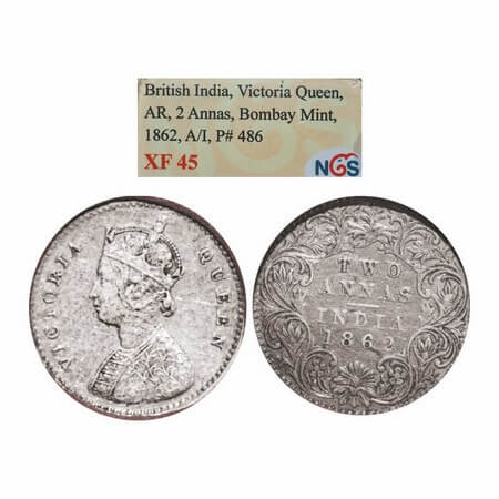 Victoria Queen, Silver, 2 Annas, 1862, Calcutta Mint, A/I, Bottom flower centre, Top petal