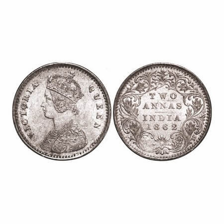Victoria Queen, Silver, 2 Annas, 1862, Bombay Mint, A/I, Bottom flower top 3 petals same s