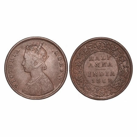 Victoria Queen, Copper, Half Anna, 1862, Madras Mint, A/I, Smugged Type flowers, Double ch