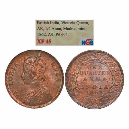 Victoria Queen, Copper, Quarter Anna, 1862, Madras Mint, A/I, No mint mark. GK 399. NGS Sl