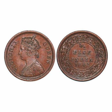 Victoria Queen, Copper, 1/2 Pice, 1862, Calcutta Mint, A/I. GK 401. Extremely Fine+. Scarc