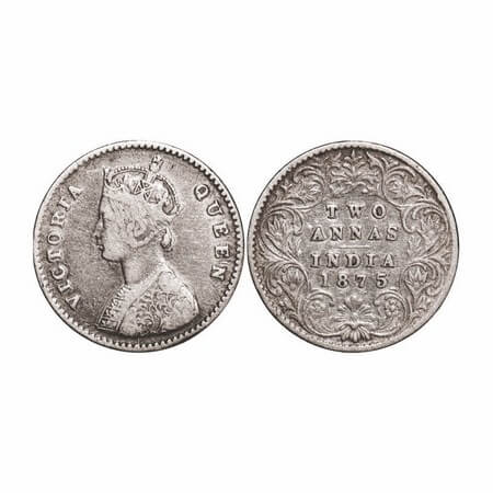 Victoria Queen, Silver, 2 Annas, 1875, Calcutta Mint, A/I, No mint mark. GK 742. About Ver