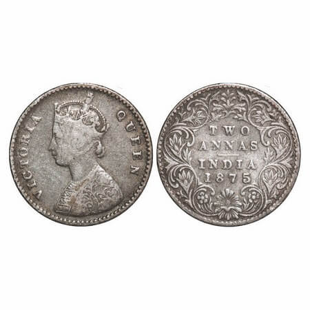 Victoria Queen, Silver, 2 Annas, 1875, Calcutta Mint, A/I, No mint mark. GK 742. Very Fine
