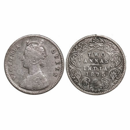 Victoria Queen, Silver, 2 Annas, 1875, Calcutta Mint, A/I, No mint mark. GK 742. Very Fine