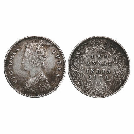 Victoria Queen, Silver, 2 Annas, 1876, Calcutta Mint, A/I, No mint mark. GK 745. Very Fine