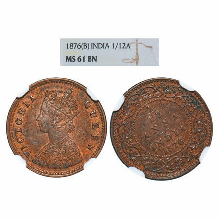 Victoria Queen, Copper, 1/12 Anna, 1876, Bombay Mint, Obv A, No mint mark, 11 o'clock die 
