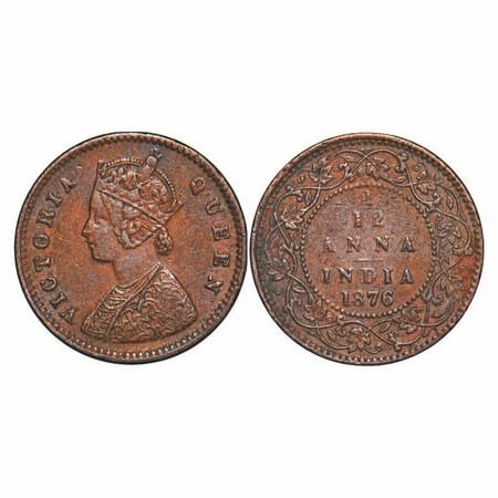 Victoria Queen, Copper, 1/12 Anna, 1876, Calcutta Mint, Obv A, No mint mark. GK 888. Very