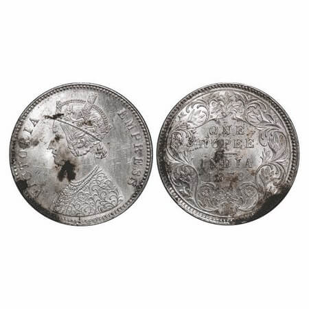 Victoria Empress, Silver, Rupee, 1878, Calcutta Mint, A1/I, No mint mark. GK 455. Uncircul