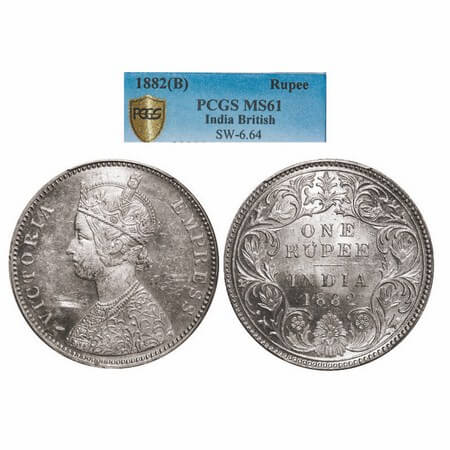 Victoria Empress, Silver, Rupee, 1882, Bombay Mint, A3/I, Dot. GK 474. PCGS Slabbed MS 61.